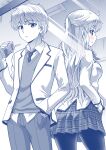  1boy 1girl absurdres blush commentary_request dual_persona eyelashes genderswap genderswap_(mtf) highres kaneko_naoya long_hair mirror monochrome necktie original pantyhose school_uniform short_hair skirt standing 