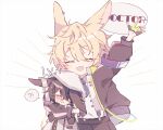  !? 2boys animal_ears arknights ayerscarpe_(arknights) bandaid bandaid_on_face bishounen blonde_hair brown_hair closed_eyes cowboy_shot english_text jacket leonhardt_(arknights) male_focus multiple_boys necktie orange_eyes rabbit_boy rabbit_ears sen_(5710265) shirt short_hair simple_background smile suspenders white_background 