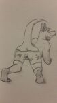  anthro anus athletic blush boxers_(clothing) butt clothing hi_res hybrid hybrid_mammal leg_markings loeithedragon male markings muscular nervous raised_tail sketch socks_(marking) solo traditional_media_(artwork) underwear 