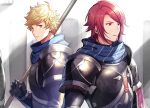  2boys armor bangs black_armor blonde_hair blue_scarf closed_mouth gauntlets granblue_fantasy green_eyes holding holding_weapon male_focus multiple_boys official_alternate_costume ono_(0_no) percival_(granblue_fantasy) red_eyes red_hair scarf short_hair shoulder_armor shoulder_pads upper_body vane_(granblue_fantasy) weapon 
