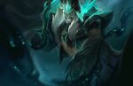  axe bara beard biceps black_hair chain crown draven facial_hair fog gloves green_eyes highres league_of_legends long_hair looking_at_viewer male_focus manly mature_male muscular muscular_male pectorals shoulder_pads smile solo spectral yodenn_4 