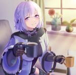  1girl 3_small_spiders absurdres bangs black_bodysuit black_gloves blush bodysuit closed_mouth coffee_cup cup disposable_cup elbow_gloves eyebrows_visible_through_hair flower girls&#039;_frontline gloves highres holding holding_cup looking_at_viewer purple_eyes revision rpk-16_(girls&#039;_frontline) short_hair silver_hair simple_background smile solo tactical_clothes upper_body vase window 
