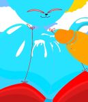  alpog21_(artist) anthro balls big_(disambiguation) big_breasts blue_body blue_tail bodily_fluids breasts clothed clothing cum cum_on_breasts digital_media_(artwork) domestic_cat duo ears_up ejaculating_cum ejaculation erection felid feline felis female genital_fluids genitals male male/female mammal penis penis_tip red_eyes simple_background smile trod 