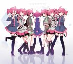  6+girls :o ahoge arm_at_side arm_behind_back belt black_belt black_boots black_skirt black_sleeves black_thighhighs boots bow breast_pocket brown_belt buttons closed_eyes closed_mouth collared_shirt detached_sleeves double-breasted drill_hair from_behind from_side grey_shirt grey_skirt hair_between_eyes hair_bow hair_ornament hair_ribbon hand_up highres jacket kasane_teto kasane_teto_(sv) kasane_teto_(utau) kasane_teto_(voicepeak) kneehighs lace-up_boots layered_skirt layered_sleeves leg_up legs_apart long_sleeves looking_at_viewer looking_to_the_side midriff_peek multiple_girls multiple_persona musical_staff musical_staff_print np_eny open_mouth platform_boots pocket red_eyes red_hair red_skirt red_socks red_trim reflection reflective_floor ribbon shirt shoulder_belt shoulder_boards skirt skirt_set sleeveless sleeveless_shirt smile socks solo sound_wave standing standing_on_one_leg striped_clothes striped_jacket striped_skirt synthesizer_v thigh_boots thighhighs twin_drills utau voicepeak white_background white_bow white_ribbon wing_collar zettai_ryouiki 