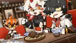  1girl 2boys aak_(arknights) animal_ears arknights baozi black_dress black_gloves black_hair black_shirt blurry blurry_background body_fur bridal_gauntlets brown_hair capelet cat_boy cat_ears chopsticks company_name copyright copyright_name cup diner dog_boy dog_ears dress drooling dumpling dutch_angle ear_piercing eating food furry furry_female furry_male glasses gloves highres holding holding_chopsticks horns hung_(arknights) indoors jacket jiaozi multicolored_fur multicolored_hair multiple_boys official_art open_clothes open_jacket open_mouth orange_fur orange_hair piercing red_hair semi-rimless_eyewear shirt short_hair single_horn streaked_hair teacup teapot tiger_ears tiger_girl tinted_eyewear under-rim_eyewear uwu waai_fu_(arknights) wavy_mouth white_capelet white_fur white_hair white_jacket yellow_eyes 