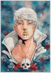  1boy absurdres aqua_eyes araki_hirohiko_(style) beard collarbone commentary cropped_shoulders cross english_commentary facial_hair flower hatching_(texture) highres jojo_no_kimyou_na_bouken looking_at_viewer male_focus mustache painting_(medium) portrait red_flower red_rose ringo_roadagain rose skull solo steel_ball_run traditional_media watercolor_(medium) white_hair xfkart yellow_lips 