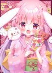  1girl animal_ears bangs blush bunny facing_viewer flat_chest hair_ornament hanasakichu hands_up highres japanese_clothes kimono long_hair original pink_eyes pink_hair rabbit_ears ribbon sheep smile virtual_youtuber wings 