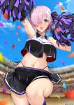  1girl bare_shoulders black_legwear black_skirt breasts brynhildr_(cheer_for_master)_(fate) brynhildr_(fate) brynhildr_(fate)_(cosplay) cheerleader cloud colosseum confetti cosplay craft_essence_(fate) crop_top eyebrows_visible_through_hair fate/grand_order fate_(series) heart highleg highleg_panties highres knee_up large_breasts mash_kyrielight midriff navel one_eye_covered open_mouth outdoors panties pleated_skirt pom_pom_(cheerleading) purple_eyes purple_hair purple_skirt short_hair side-tie_panties skirt sky sleeveless socks solo twitter_username two-tone_skirt unadon underboob underwear 