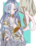 1girl 37_(reverse:1999) absurdres ancient_greek_clothes anklet aqua_background bare_shoulders barefoot blue_eyes blue_hair border chromatic_aberration gold_choker greco-roman_clothes hair_between_eyes highres jewelry long_hair lower_body multiple_views nanase_young outside_border parted_lips reverse:1999 smile toga upper_body very_long_hair white_border 