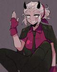  1girl amiri_ari black_necktie collared_shirt demon_girl demon_horns fingerless_gloves gloves grey_eyes hair_bun helltaker highres holding horns justice_(helltaker) necktie red_gloves red_shirt shirt simple_background smile solo white_hair 