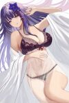  1girl bangs black_panties bra breasts cleavage commentary_request genshin_impact hair_ornament large_breasts nail_polish panties parted_lips purple_bra purple_eyes purple_hair purple_nails raiden_shogun see-through smile solo thighs underwear yamikyon 