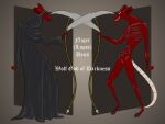 4_ears 4_eyes absurd_res anthro bbear bent_back biped black_cloak black_clothing black_nose black_sclera bone bone_tail bony canid canine canis claws cloak clothed clothing creepy creepy_face creepy_smile death_(personification) deity demon digital_media_(artwork) emaciated english_text frown grim_reaper hi_res holding_object hooves hybrid internal_organs long_neck looking_at_viewer male mammal melee_weapon model_sheet multi_ear multi_eye mythological_creature mythology niger_deus_(bbear) nightmare_fuel open_mouth pelvic_bone polearm red_body ribs scythe signature simple_background skinny slim small_waist smile solo standing tagme tail teeth text tongue weapon white_eyes wolf