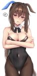  1girl absurdres admire_vega_(umamusume) anger_vein animal_ears arms_under_breasts az_nyam bangs bare_arms bare_shoulders black_bow black_bowtie black_leotard bow bowtie breasts brown_hair brown_legwear cleavage closed_mouth commentary_request covered_navel cowboy_shot detached_collar hair_between_eyes hair_ribbon half-closed_eyes head_tilt highres horse_ears horse_girl leotard long_hair looking_at_viewer medium_breasts pantyhose pink_eyes ribbon solo spoken_anger_vein strapless strapless_leotard umamusume white_background white_ribbon 