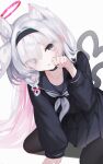  1girl absurdres animal_ears black_choker black_eyes black_hairband black_pantyhose black_sailor_collar black_serafuku black_shirt black_skirt blue_archive cat_ears cat_girl cat_tail choker chromatic_aberration colored_inner_hair grey_hair hair_over_one_eye hairband halo highres karou_(lhscck302) kemonomimi_mode long_hair long_sleeves miniskirt multicolored_hair neckerchief pantyhose paw_pose pink_hair plana_(blue_archive) pleated_skirt red_halo red_pupils sailor_collar sailor_shirt school_uniform serafuku shirt simple_background skirt solo tail two-tone_hair white_background white_hair white_neckerchief 