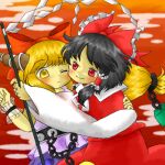  2girls arms_around_neck blush bow chain frilled_bow frilled_hair_tubes frills gohei gradient_background hair_bow hair_tubes hakurei_reimu hand_on_another&#039;s_back holding holding_gohei hug hug_from_side ibuki_suika looking_at_another lowres mo-musu multiple_girls one_eye_closed orange_hair red_bow red_eyes red_skirt ribbon_trim skirt skirt_set touhou white_sleeves wrist_cuffs yellow_eyes 
