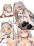  1girl akino_shuu blush breasts brown_eyes closed_eyes closed_mouth collarbone conte_di_cavour_(kancolle) conte_di_cavour_nuovo_(kancolle) dress kantai_collection large_breasts layered_dress long_hair multiple_views open_mouth short_sleeves silver_hair simple_background smile twitter_username two-tone_dress two_side_up white_background white_dress 