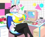 2023 anthro artist_name backwards_baseball_cap backwards_hat baseball_cap bell bell_collar big_breasts biped black_baseball_cap black_clothing black_legwear black_thigh_highs blue_eyes blue_hair bottomwear breasts busty_boy_(lore) chair chest_tuft cleavage closed_smile clothed clothing collar computer computer_keyboard computer_mouse crossed_legs desk desktop digital_drawing_(artwork) digital_media_(artwork) electronics english_description eye_through_hair eyebrow_through_hair eyebrows eyelashes eyelashes_through_hair female furgonomic_baseball_cap furgonomic_hat furgonomic_headwear furgonomics furniture game_boy_color game_boy_family hair hat headgear headwear hi_res hotpants huge_breasts inner_ear_fluff jingle_bell jingle_bell_collar lagomorph legwear leporid long_ears male_(lore) mallkin mammal mario_bros memphis_design mouth_closed multicolored_eyes multicolored_hair nintendo nintendo_64 pb_(theycallhimcake) pink_eyes pink_hair portrait purple_bottomwear purple_clothing purple_hotpants purple_shorts rabbit shorts sitting smile solo super_mario_64 super_mario_world super_nintendo table text theycallhimcake thigh_highs three-quarter_portrait topwear translucent translucent_hair tuft two_tone_eyes two_tone_hair yellow_clothing yellow_topwear