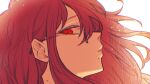  1girl absurdres brown_hair chromatic_aberration close-up commentary english_commentary from_side glasses highres light_particles long_hair looking_at_viewer mole mole_on_neck mole_under_mouth multiple_moles original parted_lips red_eyes senukin simple_background solo white_background 