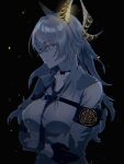  1girl arms_under_breasts between_breasts black_background black_choker black_horns breasts chest_harness choker chromatic_aberration closed_mouth commentary crossed_arms curled_horns grey_hair harness hashtag-only_commentary highres hoootoke108 horns large_breasts limited_palette long_hair looking_to_the_side necktie necktie_between_breasts red_necktie shirt solo upper_body white_shirt wuthering_waves zani_(wuthering_waves) 