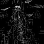 antennae_(anatomy) barbed_wire bridge city cloud crown glowing glowing_eyes headgear human macro male mammal minos_prime_(ultrakill) new_blood_interactive nose nu_upsilon satellite_dish silhouette_art skinny solo thin_arms thin_legs tower ultrakill undead white_eyes zombie