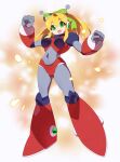  absurdres antennae armor armored_boots armored_gloves arms_up bikini_armor blonde_hair blue_eyes blurry blurry_background boots breasts covered_navel glowing green_ribbon hair_ribbon hairband headphones henshin highres hyper_roll_(marvel_vs._capcom) joints kaidou_zx knee_boots knee_pads large_breasts long_hair looking_at_viewer marvel_vs._capcom mechanical_arms mechanical_boots mechanical_legs mega_man_(classic) mega_man_(series) navel ponytail radio_antenna red_armor ribbon robot robot_girl robot_joints roll_(mega_man) shoulder_armor sidelocks simple_background smile sparks transformation white_background 