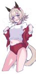  1girl animal_ears blonde_hair blush buruma cropped_legs curren_chan_(umamusume) ear_covers ear_ribbon gym_shirt gym_uniform highres horse_ears horse_girl horse_tail jacket kerotan_(belle_reinedesu) medium_hair midriff navel open_mouth purple_eyes red_buruma red_jacket red_ribbon removing_jacket ribbon shirt simple_background smile solo t-shirt tail teeth tracen_training_uniform track_jacket umamusume upper_teeth_only white_background white_shirt 