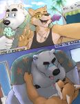 2025 after_kiss aloha_shirt anthro anthro_on_anthro areola bear bed bin_(artist) bodily_fluids bottomless bottomless_anthro bottomless_male bracelet canid canine clothed clothing cloud comparing date day dessert door duo dutch_angle eating english_text eye_contact eyebrows eyewear food fox fur furniture gesture glasses hand_gesture hi_res holding_food holding_object ice_cream inside jewelry looking_at_another looking_at_viewer male male/male mammal multiple_scenes musclegut muscular muscular_anthro muscular_male narrowed_eyes necklace nipples on_bed open_clothing open_mouth open_shirt open_smile open_topwear outside overweight overweight_anthro overweight_male palm_tree pattern_clothing pattern_shirt pattern_topwear pecs plant polar_bear romantic romantic_couple saliva saliva_on_tongue saliva_string selfie sex shirt size_difference smile tank_top teeth text tongue tongue_out topwear tree tuft umbrella ursine v_sign