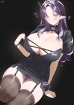  1girl absurdres black_background black_garter_straps black_thighhighs blue_eyes blush breasts cleavage closed_mouth commentary_request garter_straps heart highres horns kurozawa_yui large_breasts limnos long_hair looking_at_viewer mole mole_under_eye panties parted_bangs pointy_ears purple_hair purple_panties short_sleeves simple_background smile solo thighhighs thighs tt013_(thirteennn013) underwear virtual_youtuber 
