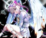  1girl absurdres angel_wings black_background blonde_hair blue_jacket blue_skirt bow burning chouzetsusaikawa_tenshi-chan chromatic_aberration from_side hair_bow highres jacket looking_at_viewer m_psycho_83 multiple_hair_bows needy_girl_overdose skirt solo white_wings wings 