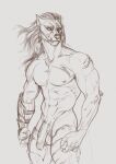  2022 5_fingers abs anthro armor athletic balls blaidd_(elden_ring) canid canine canis elbow_tufts elden_ring fingers genitals hair half-erect long_hair male mammal mikaemikae monochrome muscular navel nipples pecs penis pubes scar simple_background sketch solo standing teeth vein veiny_penis white_background wolf 
