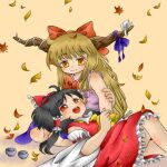  2girls ascot autumn_leaves black_hair blush bow brown_hair brown_horns choko_(cup) cup detached_sleeves falling_leaves frilled_bow frilled_hair_tubes frills hair_bow hair_tubes hakurei_reimu holding_another&#039;s_arm horn_bow horn_ornament horn_ribbon horns ibuki_suika leaf looking_at_another looking_up lowres lying lying_on_lap lying_on_person mo-musu multiple_girls on_back oni orange_eyes pink_shirt red_skirt ribbon ribbon_trim shirt sitting skirt skirt_set sleeveless smile torn_clothes torn_sleeves touhou wariza white_sleeves yellow_ascot 