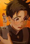  1boy 1girl averting_eyes ayase_momo backpack bag black_choker black_hair black_jacket blush brown_eyes brown_hair choker commentary_request dandadan ear_blush full_body gakuran glasses gradient_background highres jacket looking_at_another messy_hair mini_person minigirl moufu_00 neckerchief on_shoulder open_mouth pleated_skirt round_eyewear school_uniform serafuku short_hair short_sleeves skirt standing sunset sweat takakura_ken_(dandadan) twitter_username upper_body white_neckerchief white_serafuku white_skirt 