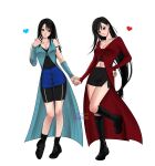  2girls absurdres arm_ribbon azezazel bare_shoulders bike_shorts bike_shorts_under_shorts black_boots black_hair black_skirt blue_cardigan blue_skirt blue_sleeves blush boots breasts brown_hair cardigan commentary detached_sleeves earrings final_fantasy final_fantasy_vii final_fantasy_viii full_body heart highres holding_hands in-franchise_crossover jewelry long_hair looking_at_viewer low-tied_long_hair medium_breasts midriff_peek miniskirt multiple_girls navel necklace parted_lips red_eyes ribbon rinoa_heartilly shorts simple_background single_earring skirt sleeveless standing standing_on_one_leg swept_bangs symbol-only_commentary tifa_lockhart white_background 