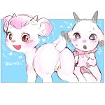 2020 absurd_res ambiguous_gender blue_eyes border bovid butt caprine duo female feral fur genitals goat happy hi_res hooves horn kemono mammal mei_(one_stormy_night) one_stormy_night one_stormy_night:secret_friends open_mouth open_smile oposa pupils pussy red_eyes simple_background sitting slit_pupils smile square_crossover white_body white_fur