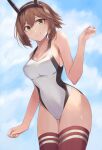 1girl absurdres bare_arms bare_shoulders beisaku_bei breasts brown_hair cleavage closed_mouth collarbone competition_swimsuit cowboy_shot day eyebrows_visible_through_hair green_eyes hair_between_eyes headgear highres kantai_collection large_breasts mutsu_(kancolle) one-piece_swimsuit red_legwear short_hair smile solo swimsuit thighhighs white_swimsuit 