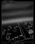 2025 absurd_res anglerfish anthro anvil_(sharkinthepark) black_background black_body black_skin bleh border comic emerging fish fog greyscale grunting hi_res lure_(anatomy) male marine monochrome monster night pier rock sea sea_monster sharkinthepark simple_background walking water