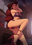 1girl alternate_costume bluesky_logo bluesky_username bra breasts brown_hair eyeshadow hercules_(1997_movie) high_heels indoors large_breasts long_hair makeup megara_(disney) panties patreon_logo patreon_username ponytail purple_bra purple_eyes purple_eyeshadow purple_panties roncostar solo twitter_username twitter_x_logo underwear 