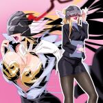  angewomon armor bandai bandai_namco bikini_armor blonde_hair blurry blurry_background bouncing_breasts bracelet breasts changing_clothes covered_eyes covered_face digimon digimon_(creature) feathered_helmet formal_clothes gerusyu glasses gloves hair_over_shoulder helmet highres holding holding_notebook jacket jewelry large_breasts long_hair miniskirt navel notebook office_lady open_clothes open_mouth pink_background ponytail running shirt sidelocks simple_background skirt speaking teeth thighhighs undressing upper_teeth_only white_gloves winged_helmet 