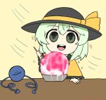  1girl :d bangs black_headwear blouse chibi chopsticks collared_blouse commentary eyeball eyebrows_visible_through_hair food frilled_shirt_collar frilled_sleeves frills green_eyes green_hair hair_between_eyes hand_on_table hat hat_ribbon holding holding_chopsticks komeiji_koishi long_sleeves medium_hair open_mouth ribbon simple_background smile solo table teeth third_eye touhou upper_teeth washiwa wavy_hair wide_sleeves yellow_background yellow_blouse yellow_ribbon 