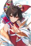  1girl ace_attorney adapted_costume ahoge among_us animal_crossing armpit_peek bare_shoulders belt bow brand_name_imitation brown_hair canadian_flag clownpiece clownpiece_(cosplay) commentary_request cosplay crewmate_(among_us) emoji greenkohgen grin hair_bow hakurei_reimu highres holding i_heart... ibuki_suika ibuki_suika_(cosplay) jacket jojo_no_kimyou_na_bouken kirisame_marisa kirisame_marisa_(cosplay) logo_parody long_sleeves moriya_suwako mozilla_(character) mozilla_firefox navel objection off_shoulder ofuda oni pikmin_(series) pleading_face_emoji red_bow red_eyes red_shirt red_skirt rock_pikmin sega shirt simple_background skirt smile solo suika_game to_be_continued touhou white_background white_belt white_jacket yakumo_ran 