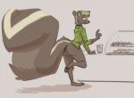 anthro bakery bottomless bottomless_male butt cafe casual_nudity clothed clothing femboy male mammal mephitid public public_nudity skunk solo vanilla_(vanillayote) vanillayote