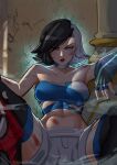  1girl absurdres black_hair black_jacket blood blue_eyes breasts choker crop_top gloves hayashidraws heterochromia highres jacket luna_snow marvel marvel_rivals midriff multicolored_hair navel short_hair shorts spider-man spider-man_(series) split-color_hair two-tone_hair white_hair 