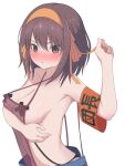  1girl :/ absurdres alternate_costume apron arm_under_breasts armband bandaid bandaids_on_nipples bare_shoulders blush breasts brown_eyes brown_hair cleavage closed_mouth collarbone criss-cross_halter curvy dot_nose embarrassed eyes_visible_through_hair frown hair_between_eyes hair_ribbon hairband halterneck hand_up highres holding holding_ribbon large_breasts looking_at_viewer medium_hair nose_blush orange_hairband orange_ribbon paid_reward_available pasties rai_iceblast red_apron red_armband ribbon see-through_apron see-through_clothes sideboob simple_background solo straight_hair suzumiya_haruhi suzumiya_haruhi_no_yuuutsu upper_body v-shaped_eyebrows white_background 