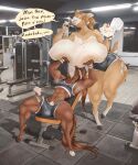 abs animal_genitalia anthro areola athletic athletic_anthro athletic_male athletic_wear big_breasts bottomwear breasts brown_body brown_fur brown_hair buckteeth clothed clothing crop_top deer dialogue dullvivid duo english_text equid equine equine_genitalia exercise female femboy fiona_fawnbags_(dullvivid) fur genitals gym_bottomwear gym_shorts hair headbands hi_res hooves horse huge_breasts male mammal markings mottled mottled_body mottled_genitalia mottled_penis mottled_skin muscle_tone nipples open_mouth open_smile pecs penis ponytail sagging_breasts shirt shorts smile solo speech_bubble spots spotted_body spotted_fur spotted_markings sweatband tan_areola tan_body tan_fur tan_nipples teeth text topless topless_anthro topless_female topwear wardrobe weightlifting wide_eyed workout