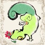2024 ambiguous_gender feral flower generation_3_pokemon green_body lizard low_res nintendo object_in_mouth otiksimr plant pokemon pokemon_(species) reptile scalie simple_background solo tail treecko yellow_eyes