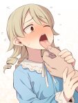  1boy 1girl blue_dress blush brown_eyes brown_hair collared_dress dress flying_sweatdrops idolmaster idolmaster_cinderella_girls long_hair long_sleeves morikubo_nono neck_ribbon nose_blush one_eye_closed open_mouth out_of_frame ribbon ringlets sweat tongue tongue_grab tongue_out uccow upper_body white_background white_ribbon 