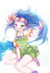  1girl :d bangs bare_shoulders blue_eyes blue_hair blush collarbone flower goggles goggles_on_head green_eyes green_swimsuit grey_background hair_flower hair_ornament heterochromia highres layered_swimsuit league_of_legends long_hair pool_party_zoe sandals scrunchie shito_neko_(zitonger) simple_background smile solo swimsuit teeth tongue upper_teeth wrist_scrunchie zoe_(league_of_legends) 