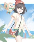  1girl absurdres bag beanie black_hair bracelet cloud commentary_request day food_print fruit_print green_shorts grey_eyes happy hat highres jewelry kotokoto_(pixiv_105451061) open_mouth outdoors pokemon pokemon_(creature) pokemon_sm red_hat rowlet selene_(pokemon) shirt short_hair short_sleeves shorts shoulder_bag sky smile t-shirt teeth tied_shirt upper_teeth_only watermelon_print yellow_shirt z-ring 