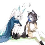  2girls ? animal_ears aqua_hair bare_legs black_boots black_gloves black_hood blue_eyes blue_robe boots brown_dress cat_ears cat_girl cat_tail cipher_(honkai:_star_rail) dress feixiao_(honkai:_star_rail) fingerless_gloves fox_ears fox_girl gloves grey_hair highres honkai:_star_rail honkai_(series) legs long_hair looking_at_another multicolored_hair multiple_girls robe simple_background sitting speech_bubble tail two-tone_hair very_long_hair white_background white_hair yziyiling 