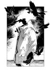  1boy aotsuki_eito bird border cowboy_shot crow drawstring gloves greyscale headless highres hood hooded_jacket jacket lluyss male_focus monochrome ocean offering_hand outdoors outside_border pants sand shore solo the_hundred_line_-last_defense_academy- zipper_pull_tab 